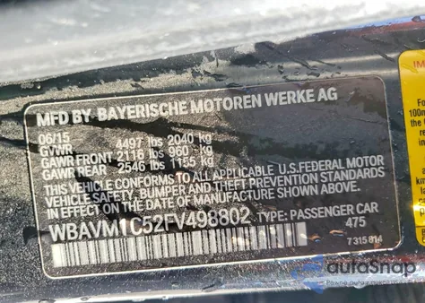 2015 BMW X1 Sdrive28I z USA, uszkodzony, nr VIN WBAVM1C52FV498802